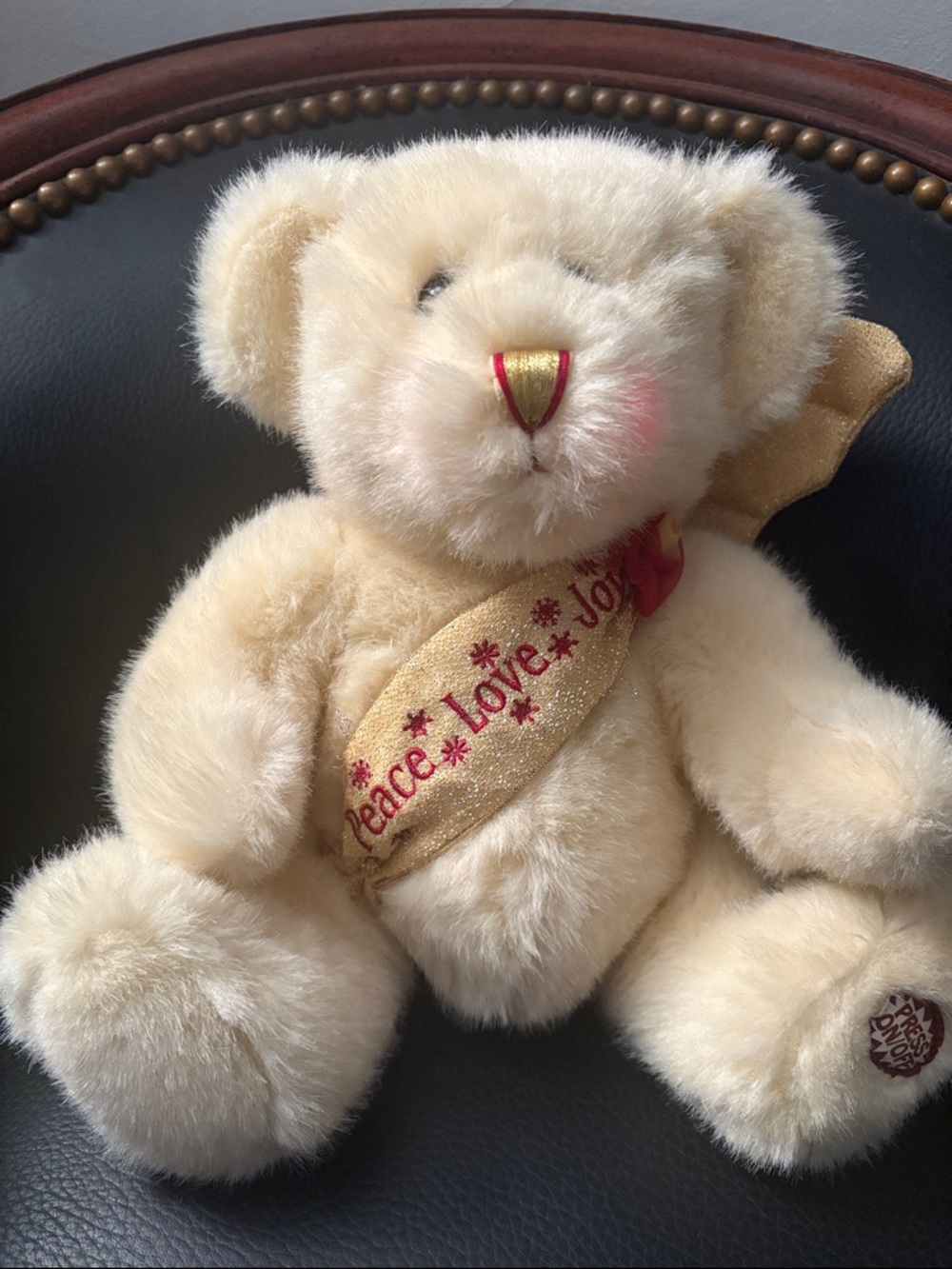 Vintage Cream Plush Teddy Bear with Gold “Peace Love Joy” Sash